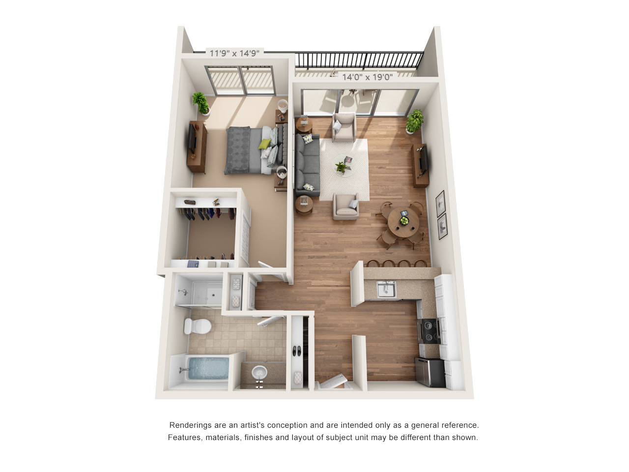 Floor plan for 1 bed, 1 bath, 840 sqft